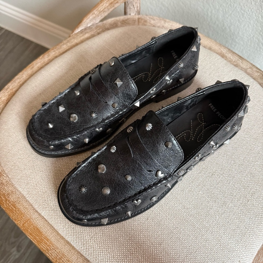 Free People Suki Black Studded Leather Penny Loafers size 7 - Picture 5 of 9